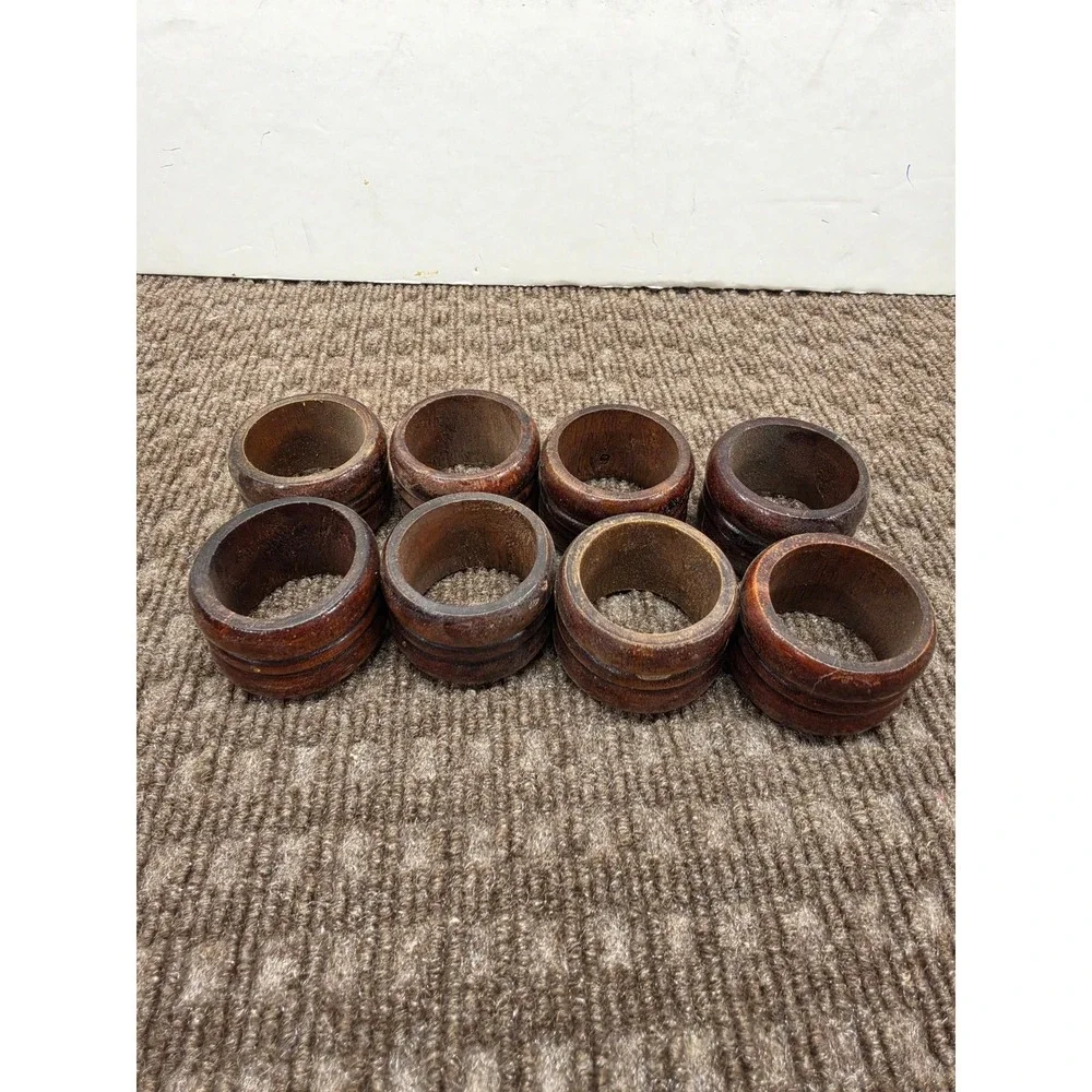 Vintage Dark Wood Napkin Rings Set of 8 Rustic Grooved Round Table Decor Brown